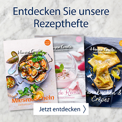 Dieses Bild zeigt einen Banner mit verschiedenen Rezeptheften und folgender Aufschrift: Entdecken Sie unsere Rezepthefte