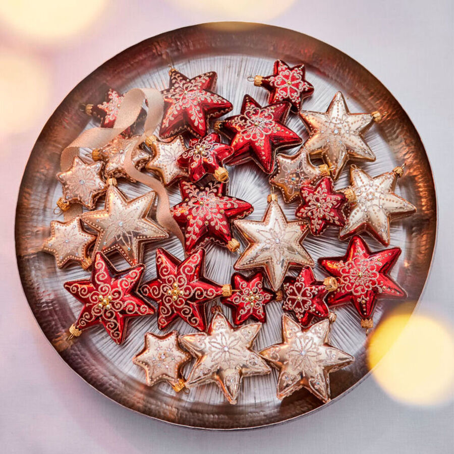 Mundgeblasene Christbaumkugeln in Sternform mit funkelnden Dekors Bild 4