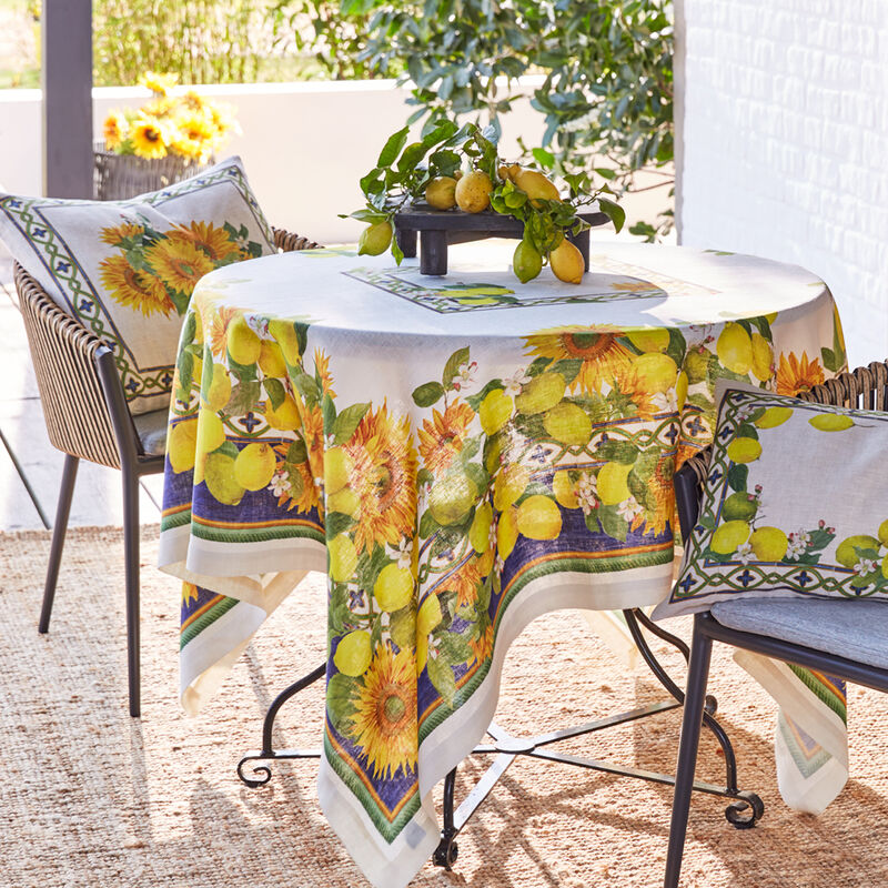 Noble Leinen-Tischdecke mit frischen Sonnenblumen und Zitronen Bild 2
