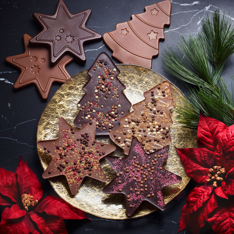 Weihnachtliche Schokoladentafeln in Tannenbaum- und Sternform, Milchschokolade, Weihnachtsmotive, Schokoladenfiguren Bild 2