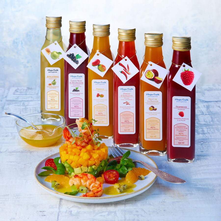 Fruchtpree-Essig 6-tlg. Set Cassis, Himbeere, Apfel-Honig, Passionsfrucht, Piment, Mango Bild 2