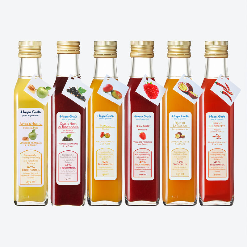 6-tlg. Set: Franzsischer Fruchtpree-Essig Cassis, Himbeere, Apfel-Honig, Passionsfrucht, Piment, Mango