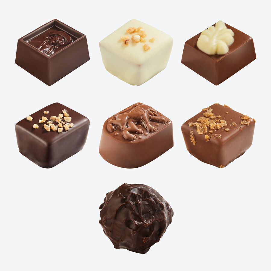 Exquisite belgische Pralinenmischung in weihnachtlicher Geschenkschachtel, Schokolade, Nuss-Pralinen, Pralins-Schachtel