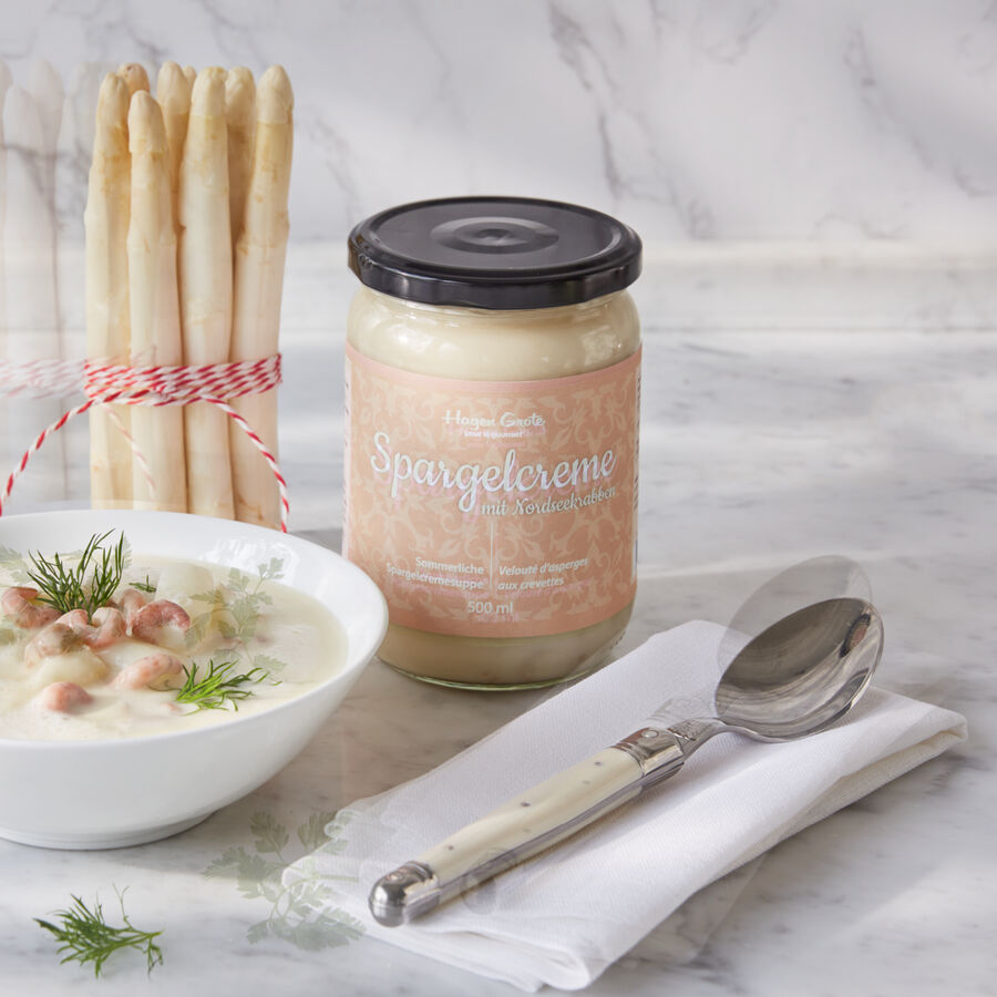 Feinste Suppenspezialitt: Spargelcremesuppe mit Nordseekrabben, Suppe