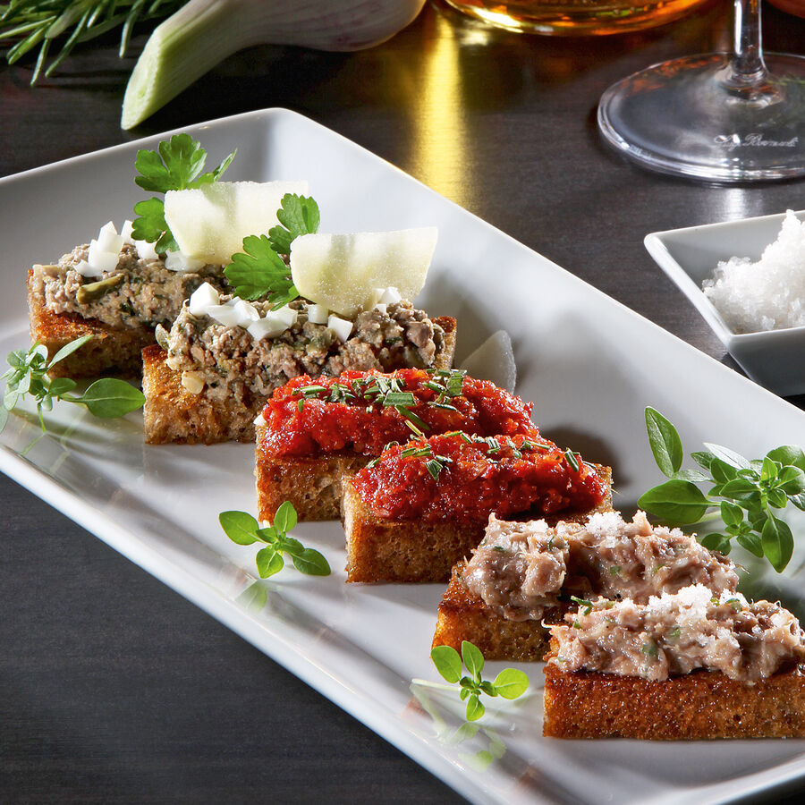 Fingerfood mit Geflgelleber, Gnse-Rillettes, Sobrasada Creme