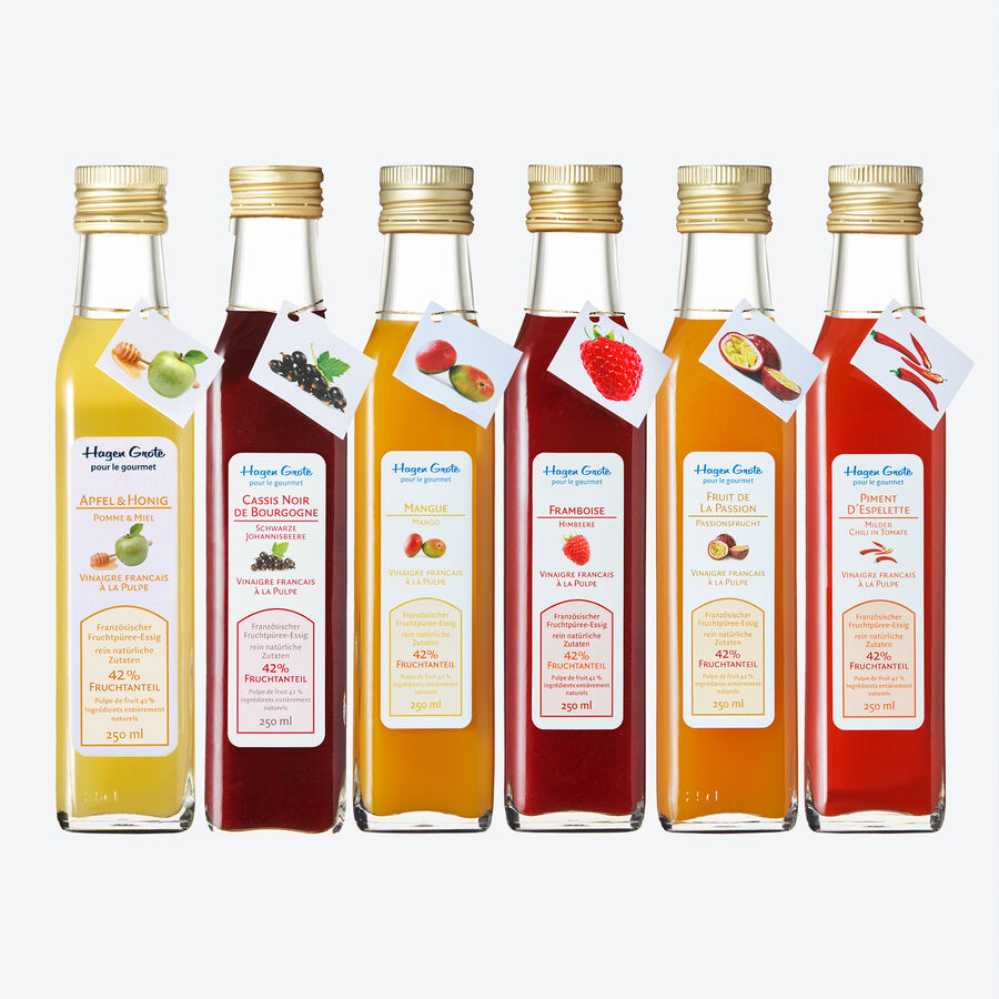 Fruchtpree-Essig 6-tlg. Set Cassis, Himbeere, Apfel-Honig, Passionsfrucht, Piment, Mango