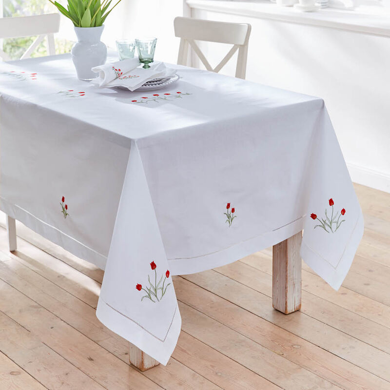 Handbestickte Hohlsaum-Tischdecke mit feinen Tulpen, Tischwsche, Tischtuch, Blumen Motiv Tischwsche