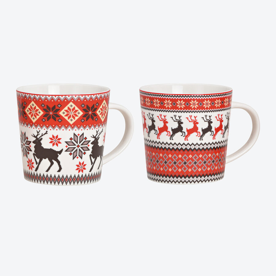 Heie Schokolade, Tee, Kaffee, Glhwein aus Weihnachtsbechern im Norweger-Stil genieen, Kaffeebecher, Porzellan-Tasse