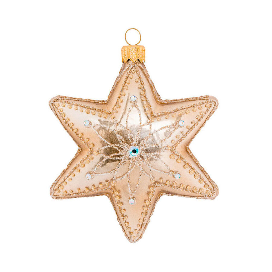 Mundgeblasene Christbaumkugeln in Sternform mit funkelnden Dekors