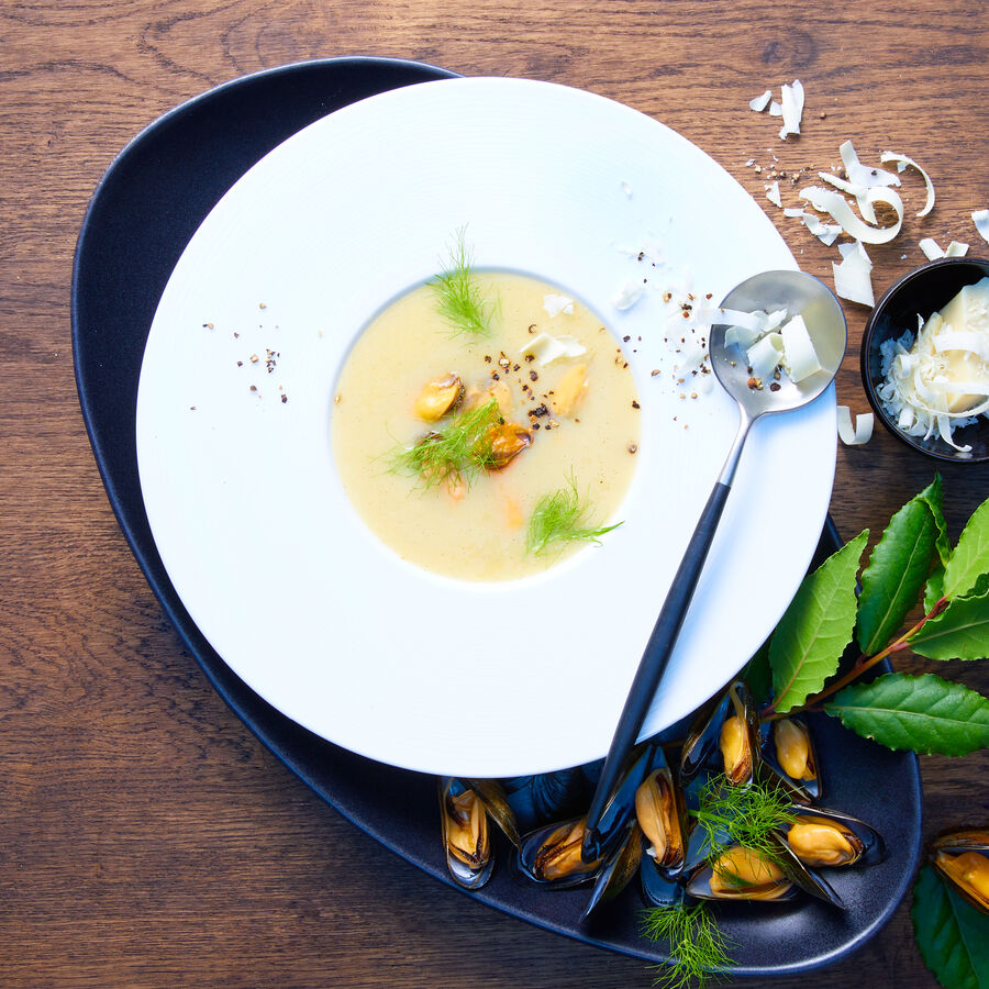 Muschelsuppe mit weier Schokolade