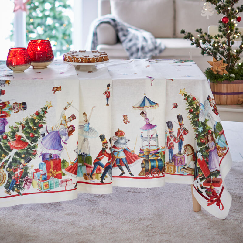 Noble Leinen-Tischdecke mit weihnachtlichen Nussknacker-Motiven, Tischdecke, Tafeldecke, Tischwsche, Tischlufer