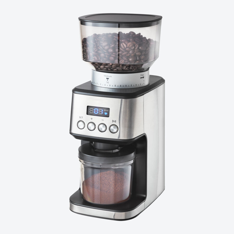 Professionelle Kaffeemhle: 6 Mahlgrade mit 31 Feineinstellungen und extra groem Bohnenbehlter