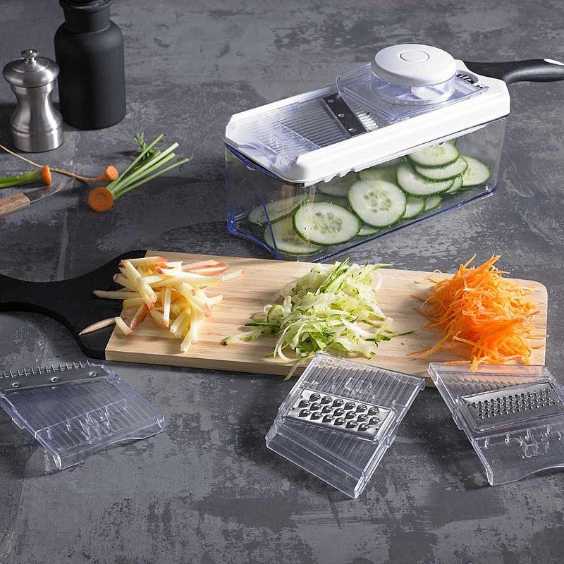 Saubere Küche: Vario-Gemüseschneider mit Auffang-Container und 4 Schneideinsätzen
