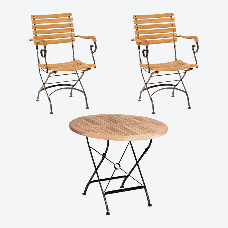 Set 1: Tisch + 2 Sthle - Klassisch elegante Gartenmbel-Serie aus Eisen und Teakholz