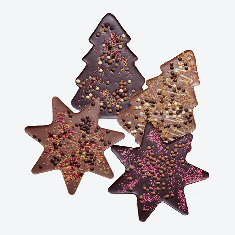 Weihnachtliche Schokoladentafeln in Tannenbaum- und Sternform, Milchschokolade, Weihnachtsmotive, Schokoladenfiguren