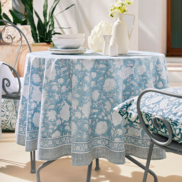 Produktbild fr 'Tischdecke,  160 cm, handwerklich gefertigt - Motiv Indien Rose, Hellblau/Wei, 100 % Baumwolle,'