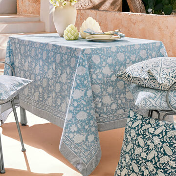 Produktbild fr 'Tischdecke, handbedruckt - Motiv Indien Rose, Hellblau/Wei, 100 % Baumwolle, 2 Gren'