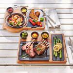 Produktbild fr 'Eckiges Grillpfannen-Servierset aus Gusseisen mit Buchenholz-Untersetzer'