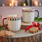 Produktbild fr 'Kaffeebecher 2er-Set mit Weihnachtsmotiv - Porzellan, Wei/Rot/Grn, 345 ml'