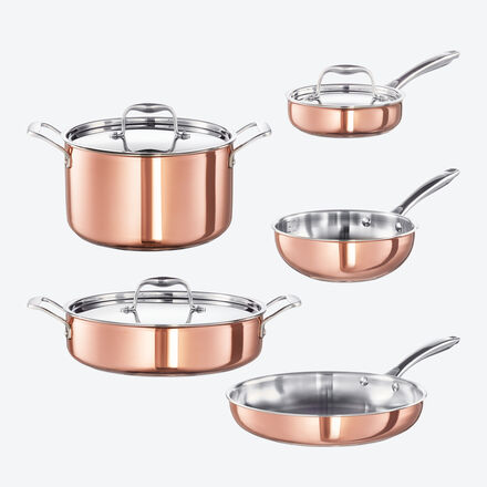 Hagen Grote 5-tlg. Kupfertopf-Set - Stieltopf Ø 16 cm, Sauteuse Ø 20 cm, Pfanne Ø 28 cm, Schmortopf Ø 28 cm, Fleischtopf Ø 24 cm - alle Herdarten