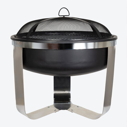 Feuerschale mit Grill Ø 65 cm - Stahl, inkl. Grillrost & Abdeckhaube, Edelstahl-Gestell, robust, schwarz, für Terrasse & Garten, 65 cm hoch, 11 kg.