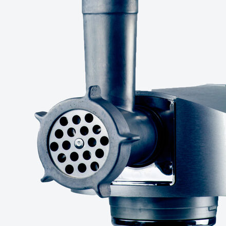 Fleischwolf-Aufsatz - Edelstahl-Messer, 3 Lochscheiben (fein, mittel, grob), Spritzgebäckaufsatz, 4 Keksformen, Aluminium-Gehäuse, Kunststoff-Drücker