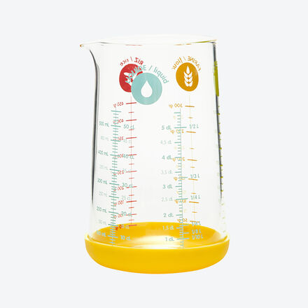 Glas-Messbecher 500 ml - kratzfest, temperaturstabil von -18 bis 300 °C, für Mikrowelle & Elektroherd, Messskalen für ml/g, tropffreier Ausgießer