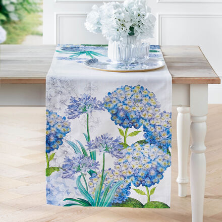 Tischläufer 45/170 cm - Motiv blaue Hortensien, 50 % Leinen, 50 % Baumwolle, naturfarben, französisch elegant, Maschinenwäsche 40 °C, trocknergeeignet, hergestellt in Frankreich