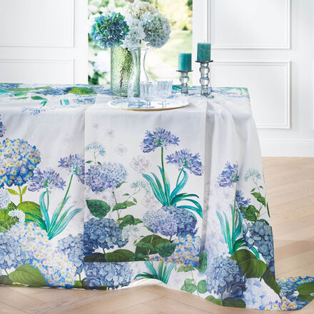 Tischdecke 170/170 cm - Motiv blaue Hortensien, 50 % Leinen, 50 % Baumwolle, naturfarben, französisch elegant, Maschinenwäsche 40 °C, trocknergeeignet, hergestellt in Frankreich