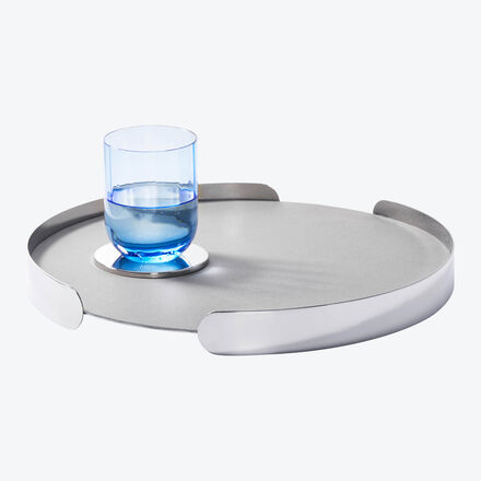 Tablett rund Ø/H 35/4 cm, exklusives Wohnaccessoire aus Edelstahl, zwei Servierflächen, eine rutschfest mit Lederimitat, eine Servierfläche hochglänzend, hochwertiges Dekorationsobjekt