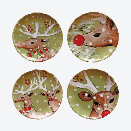 4er-Set Dessertteller Lustige Hirsche, grün, Ø 21 cm, 4 verschiedene Motive