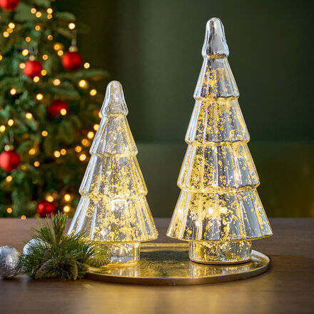 LED-Weihnachtsbaum groß - beleuchteter Tannenbaum, silberfarbenes Glas, Ø/H 18/40 cm, LED-Lichterdraht, Batteriebetrieb (3/AA, nicht inkl.)