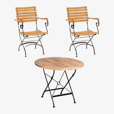 Gartenmöbel Teak Gusseisen Set 1: Tisch ø 90 cm + 2 Stühle