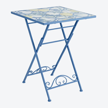 Bistrotisch Eisen 58 x 58 x 76 cm (L/B/H) - Keramikflächen mit mediterranem Design, zusammenklappbar, für Balkon & Terrasse, nicht wetterfest, blau