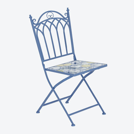 Bistrostuhl Eisen 38 x 37 x 45 (B/T/H) - Keramikflächen mit mediterranem Design, zusammenklappbar, für Balkon & Terrasse, nicht wetterfest, blau