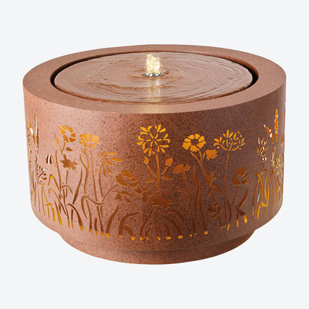 Gartenbrunnen aus Stahl mit LED-Beleuchtung - Rost-Optik, Blütenmotiv, Ø50x30 cm - Dekorative Wasserschale für Garten, Terrasse & Balkon