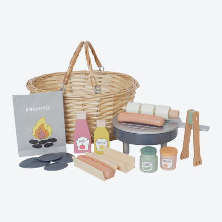Kinder Grill-Set aus Holz - Bunt bemalt, mit Korb & Leckereien, abnehmbarer Rost, Zange, für kreative Rollenspiele, ab 3 Jahren, ca. 21 x 29 x 14 cm