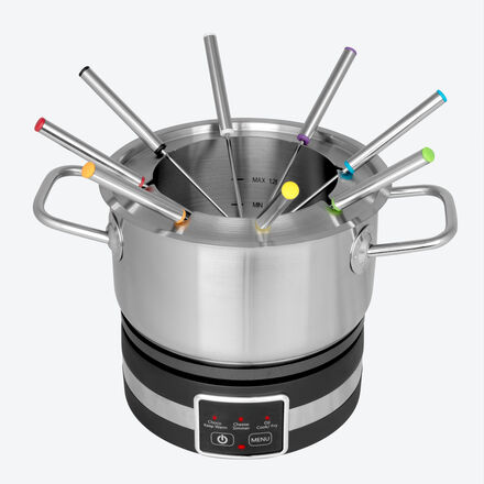 Gastroback Fondue-Set Multicook 13-tlg. - 3 Stufen bis 210 °C, 3-fach Antihaft, Edelstahl-Topf & -Pfanne Ø 18 cm, Kochplatte, Innenskala, mit Zubehör