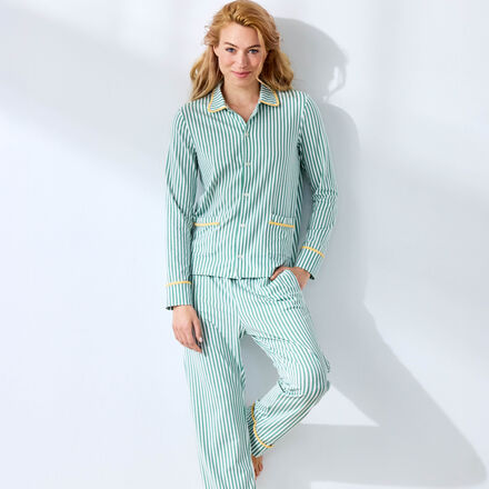 Produktbild fr 'Damen Pyjama - klassisch geschnitten, Grn/Wei gestreift, Gren XS/36 bis XXXL/48'