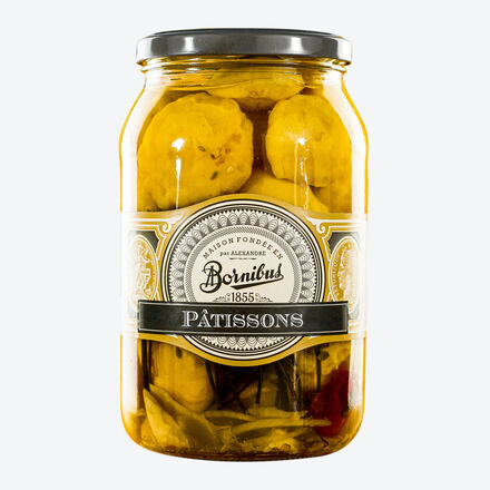 Produktbild fr 'Eingelegte Patisson-Krbisse 860g - Ufo-Krbis s-sauer mit Dill & Knoblauch'