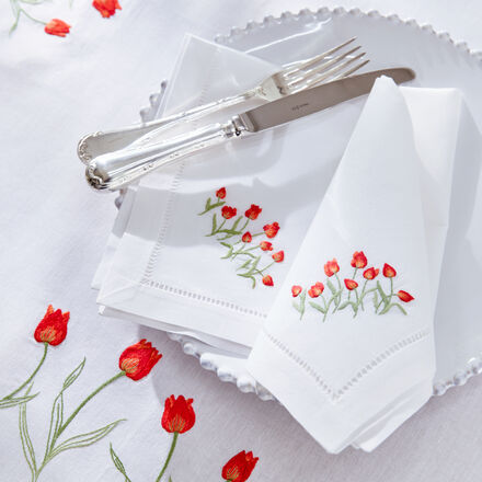 Produktbild fr 'Handbestickte Hohlsaum-Servietten mit feine Tulpen, Stoffservietten'