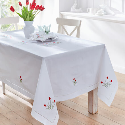 Produktbild fr 'Handbestickte Hohlsaum-Tischdecke mit feinen Tulpen, Tischwsche, Tischtuch, Blumen Motiv Tischwsche'