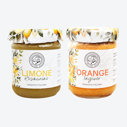 Produktbild fr 'Sizilianischer Zitrone-Rosmarin- und Orange-Ingwer-Fruchtaufstrich (80 % Frucht)'