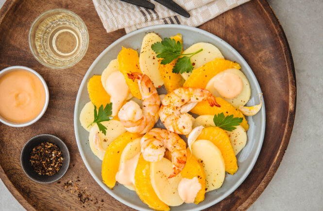 Hagen Grote Rezept zu Orangen-Kartoffelsalat Scampi und Cocktailsauce