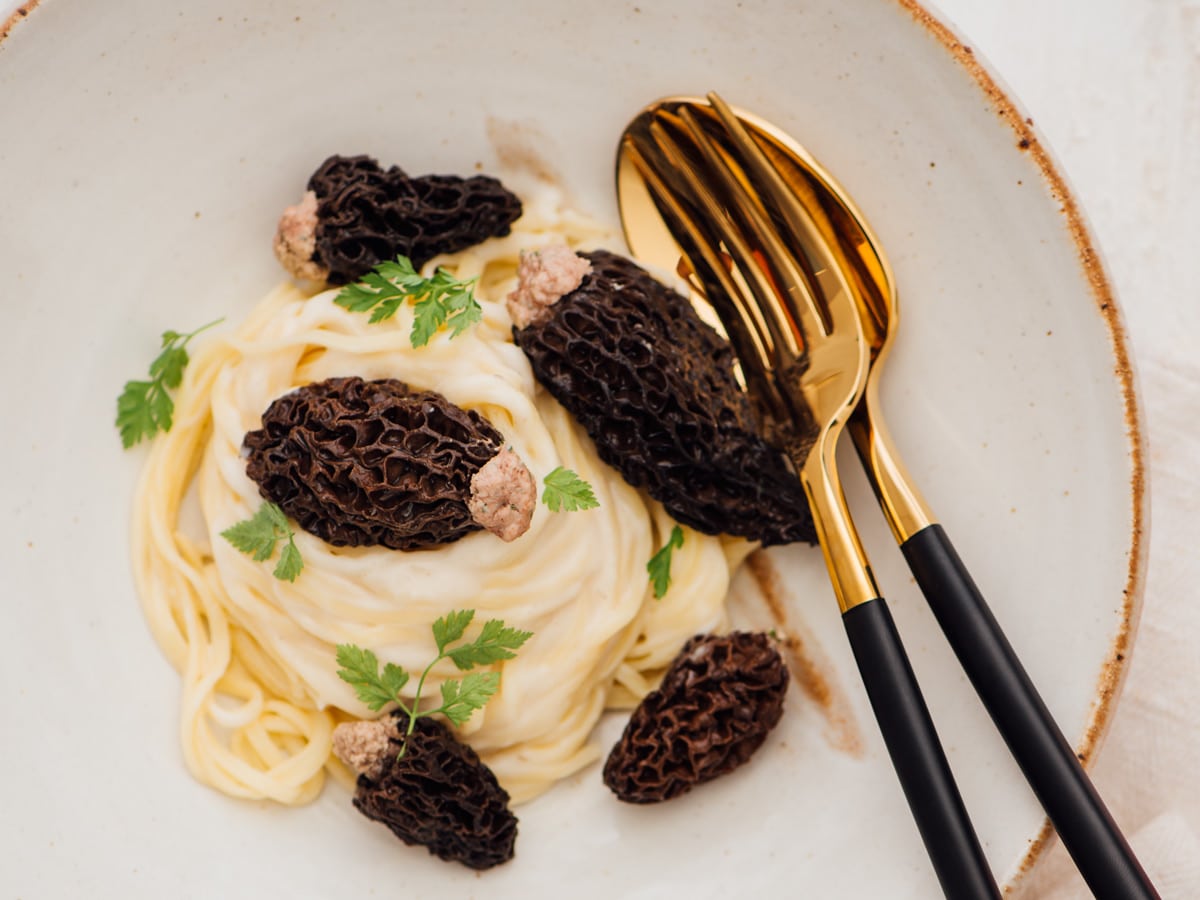 Gefüllte Morcheln mit Taglierini und Morchel-Rahmsauce | GenussMAGAZIN ... Gefüllte Morcheln mit Taglierini und Morchel-Rahmsauce | GenussMAGAZIN ...