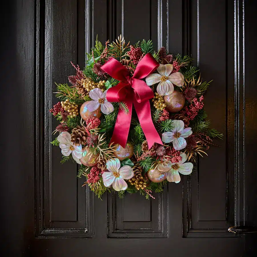 Prächtiger Türkranz aus Tannenzweigen mit roten Beeren, goldenen Kugeln, Zapfen und großer roter Schleife