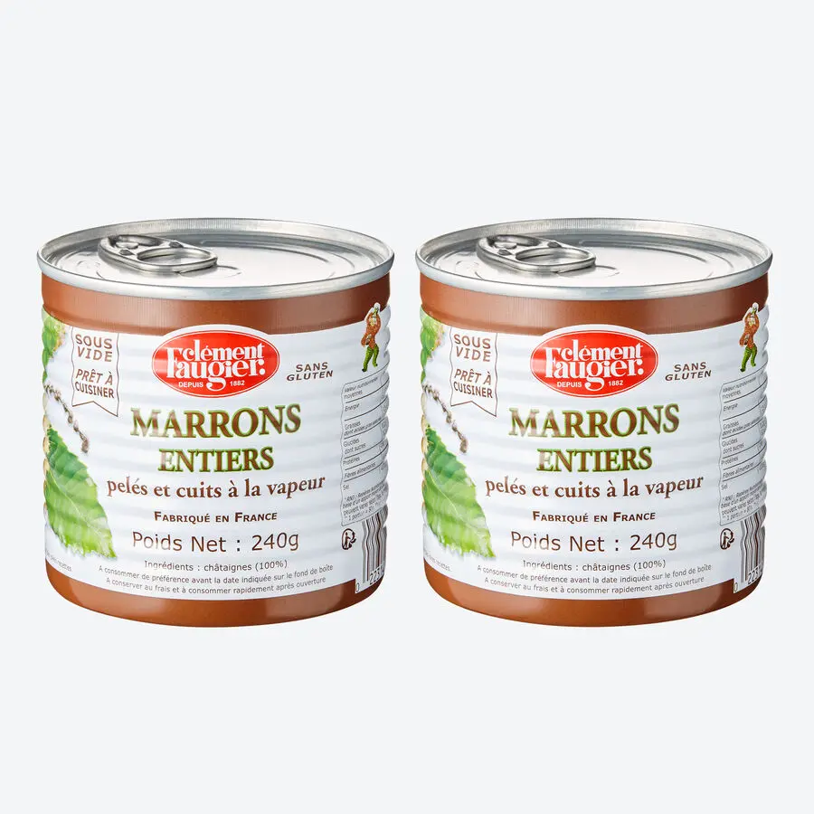 Zwei Dosen Clément Faugier Maronen, 240 g, mit grün-weißem Etikett und rotem Logo auf hellem Hintergrund