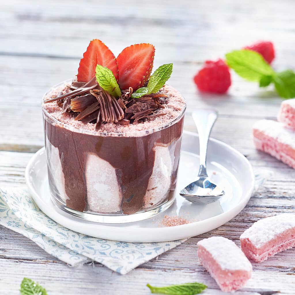 Festliches Dessert im Glas mit Schokolade, Baiser und frischen Erdbeeren.