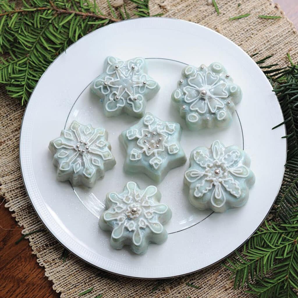 Sechs kunstvoll verzierte Schneeflocken-Kekse in Eisblau und Weiß, auf Porzellanteller mit Tannenzweigen