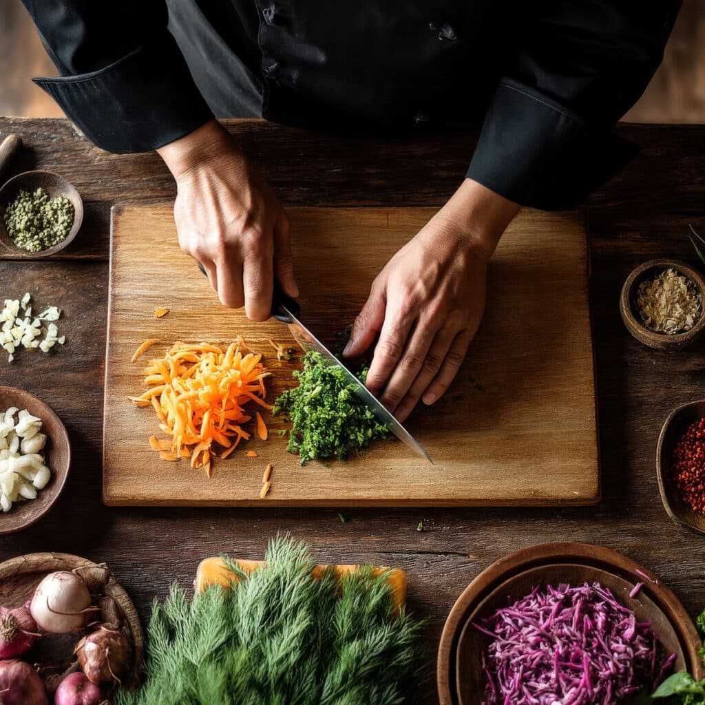 Kochende Hände hacken frische Kräuter auf Holzbrett, umgeben von buntem Gemüse und weihnachtlichen Zutaten